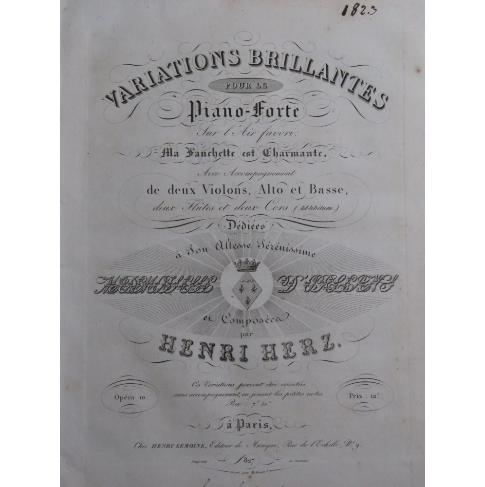 HERZ Henri Variations Brillantes op 10 Piano ca1824