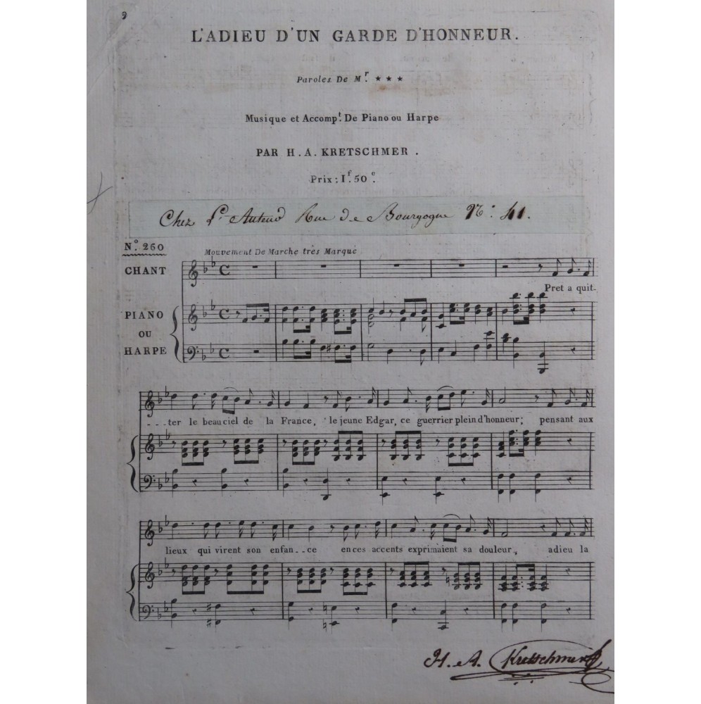 KRETSCHMER H. A. L'Adieu d'un Garde d'Honneur Signature Chant Piano ou Harpe ca1820