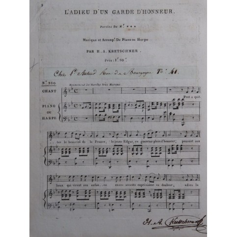 KRETSCHMER H. A. L'Adieu d'un Garde d'Honneur Signature Chant Piano ou Harpe ca1820
