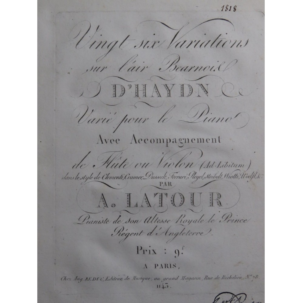 LATOUR Théodore Variations Air Bearnois Haydn Piano ca1820
