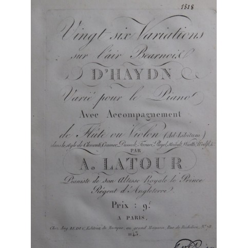 LATOUR Théodore Variations Air Bearnois Haydn Piano ca1820