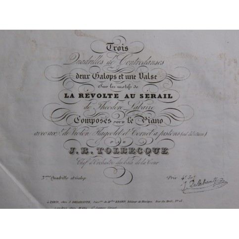 TOLBECQUE J. B. La Révolte du Sérail Quadrille No 3 Piano Violon ca1850