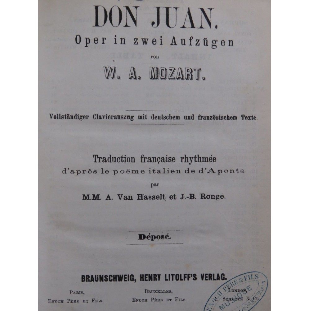 MOZART W. A. Don Juan Opera Chant Piano ca1880