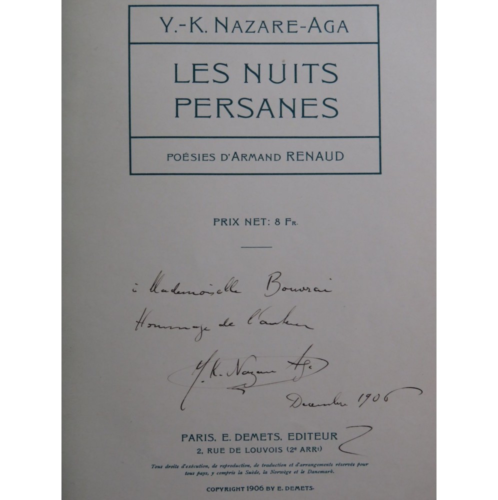 NAZARE-AGA Y.-K. Les Nuits Persanes Dédicace Chant Piano 1906