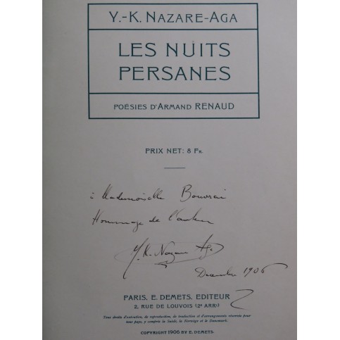NAZARE-AGA Y.-K. Les Nuits Persanes Dédicace Chant Piano 1906