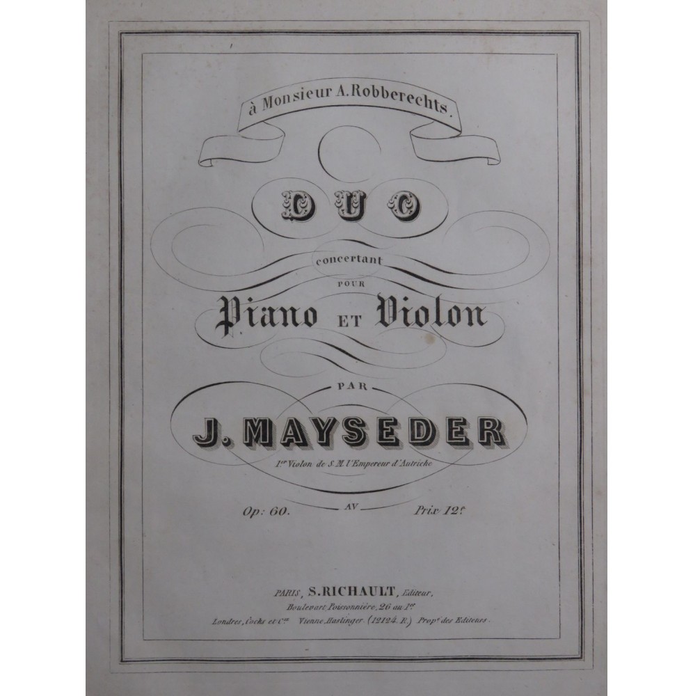 MAYSEDER Joseph Duo Concertant op 60 Piano Violon ca1845