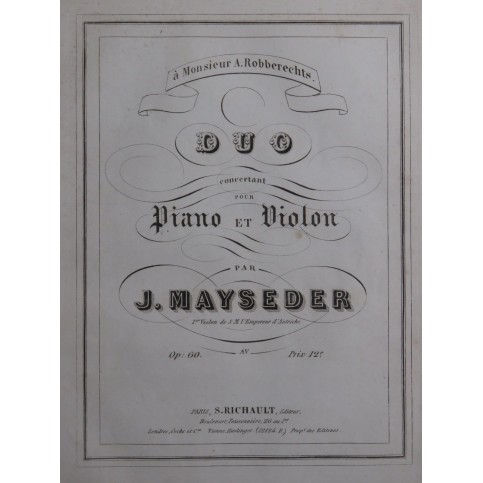 MAYSEDER Joseph Duo Concertant op 60 Piano Violon ca1845