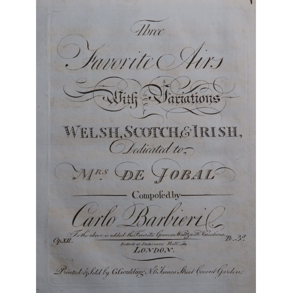 BARBIERI Carlo Three Favorite Airs op 12 Piano ca1790