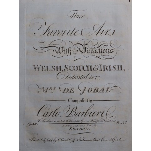 BARBIERI Carlo Three Favorite Airs op 12 Piano ca1790