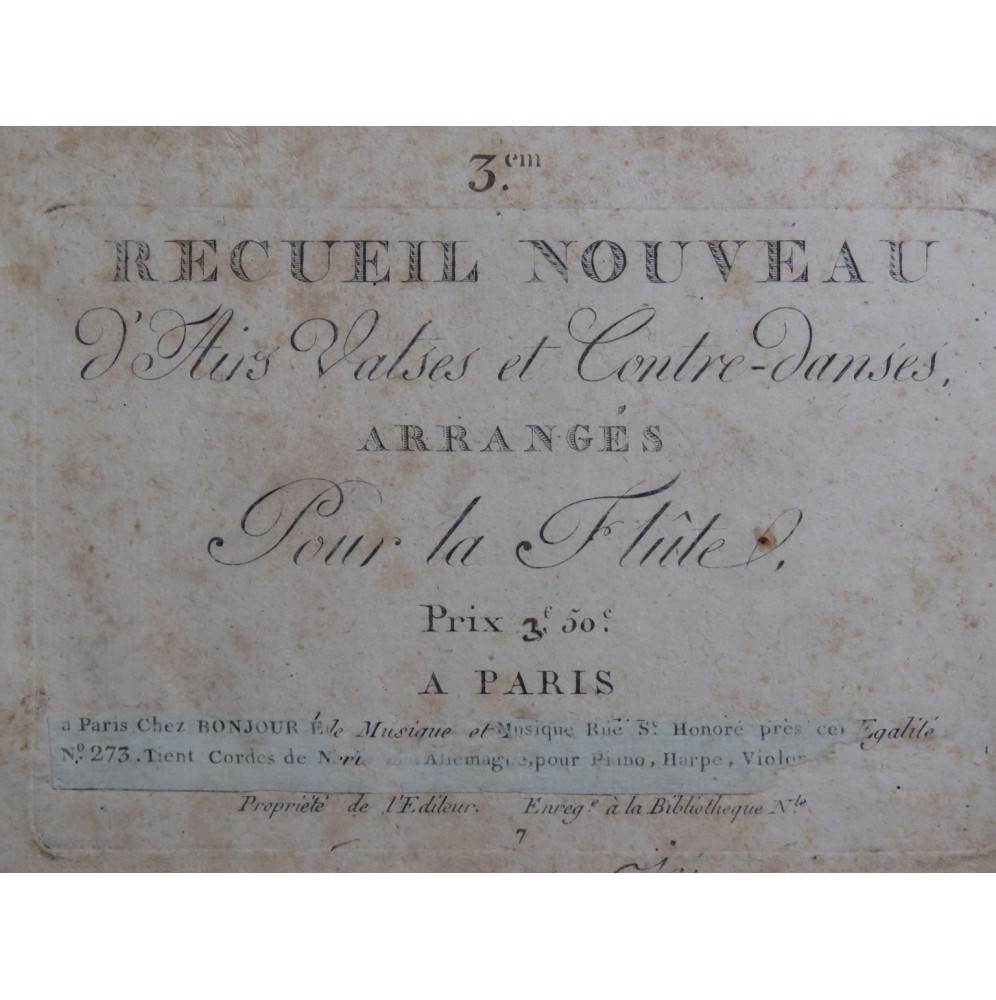 Recueil Nouveau No 3 d'Airs Valses et Contre-danses Flûte ca1820