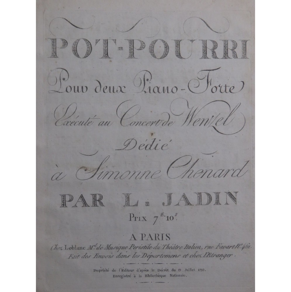 JADIN Louis Pot-Pourri pour 2 Pianos ca1810
