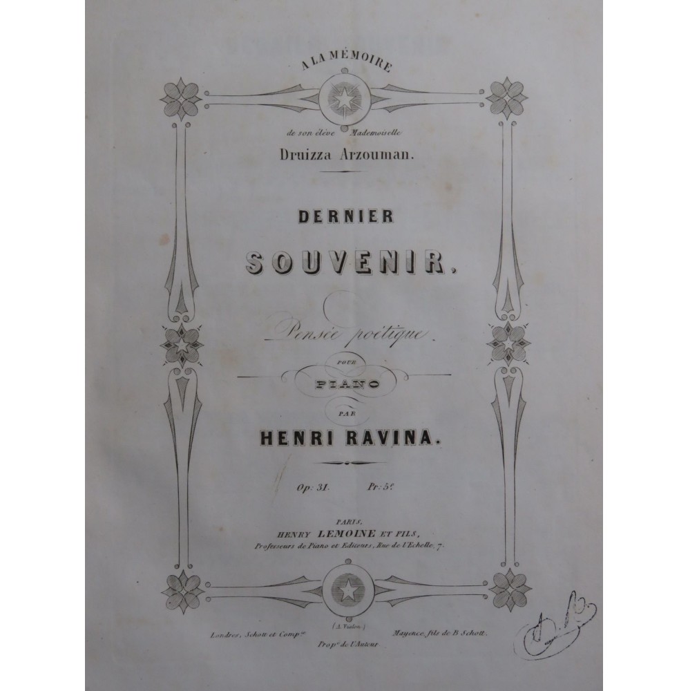 RAVINA Henri Dernier Souvenir op 31 Piano XIXe siècle