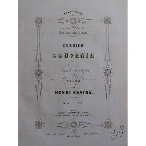 RAVINA Henri Dernier Souvenir op 31 Piano XIXe siècle
