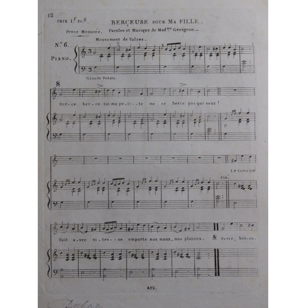 GEORGEON Htte. Berceuse pour ma Fille Chant Piano ca1820
