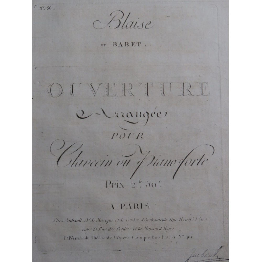 DEZÈDE Nicolas Blaise et Babet Ouverture Piano ou Clavecin ca1795