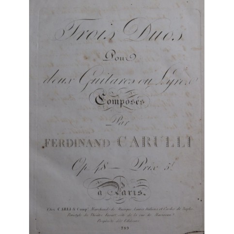 CARULLI Ferdinando Trois Duos op 48 pour 2 Guitares 1810