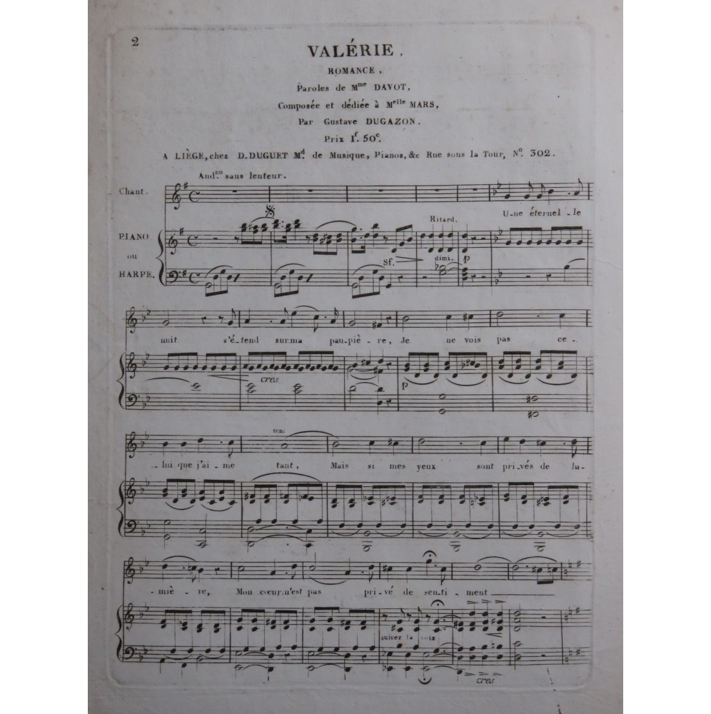 DUGAZON Gustave Valérie Chant Piano ou Harpe ca1820