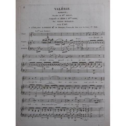 DUGAZON Gustave Valérie Chant Piano ou Harpe ca1820