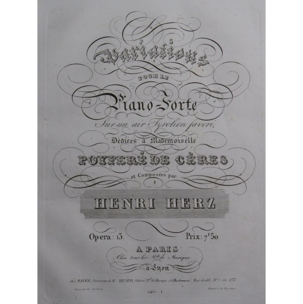 HERZ Henri Variations sur un Air Tyrolien op 13 Piano ca1820