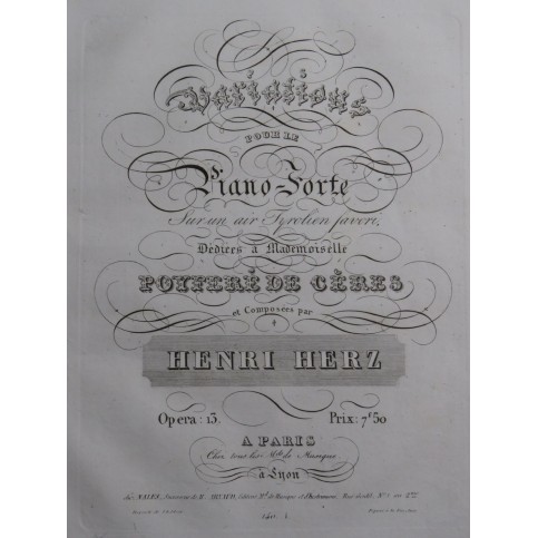 HERZ Henri Variations sur un Air Tyrolien op 13 Piano ca1820