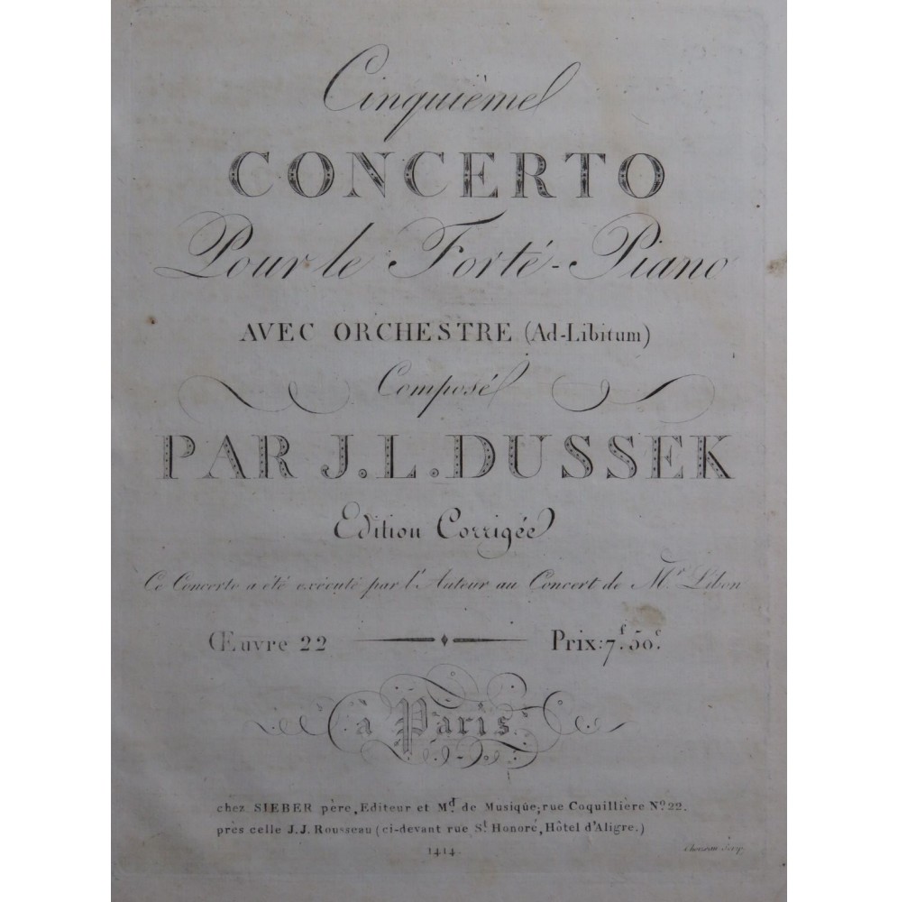 DUSSEK J. L. Concerto No 5 op 22 1er Violon ca1793