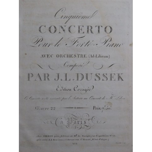 DUSSEK J. L. Concerto No 5 op 22 1er Violon ca1793