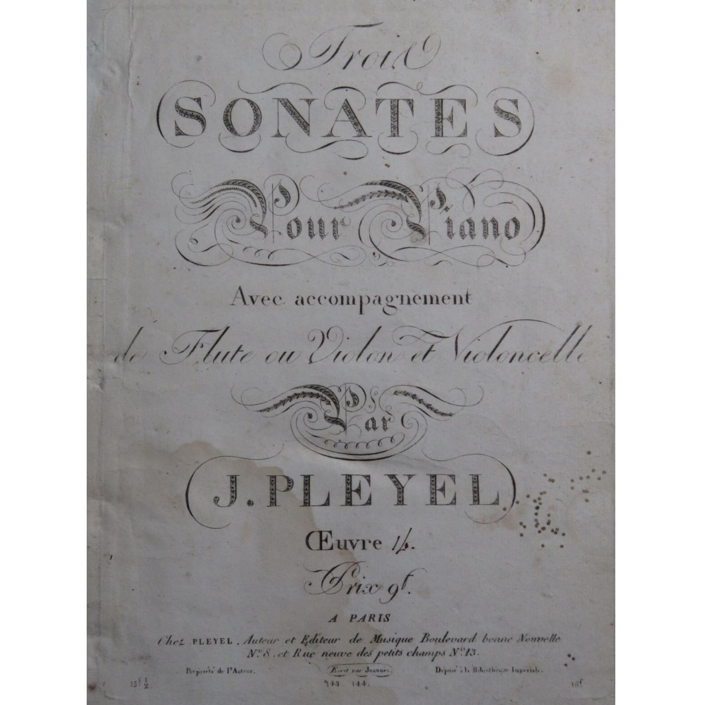 PLEYEL Ignace Trois Sonates op 14 Piano ca1799