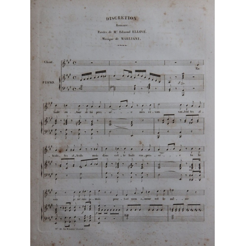 MARLIANI Marco Aurelio Discrétion Chant Piano ca1840