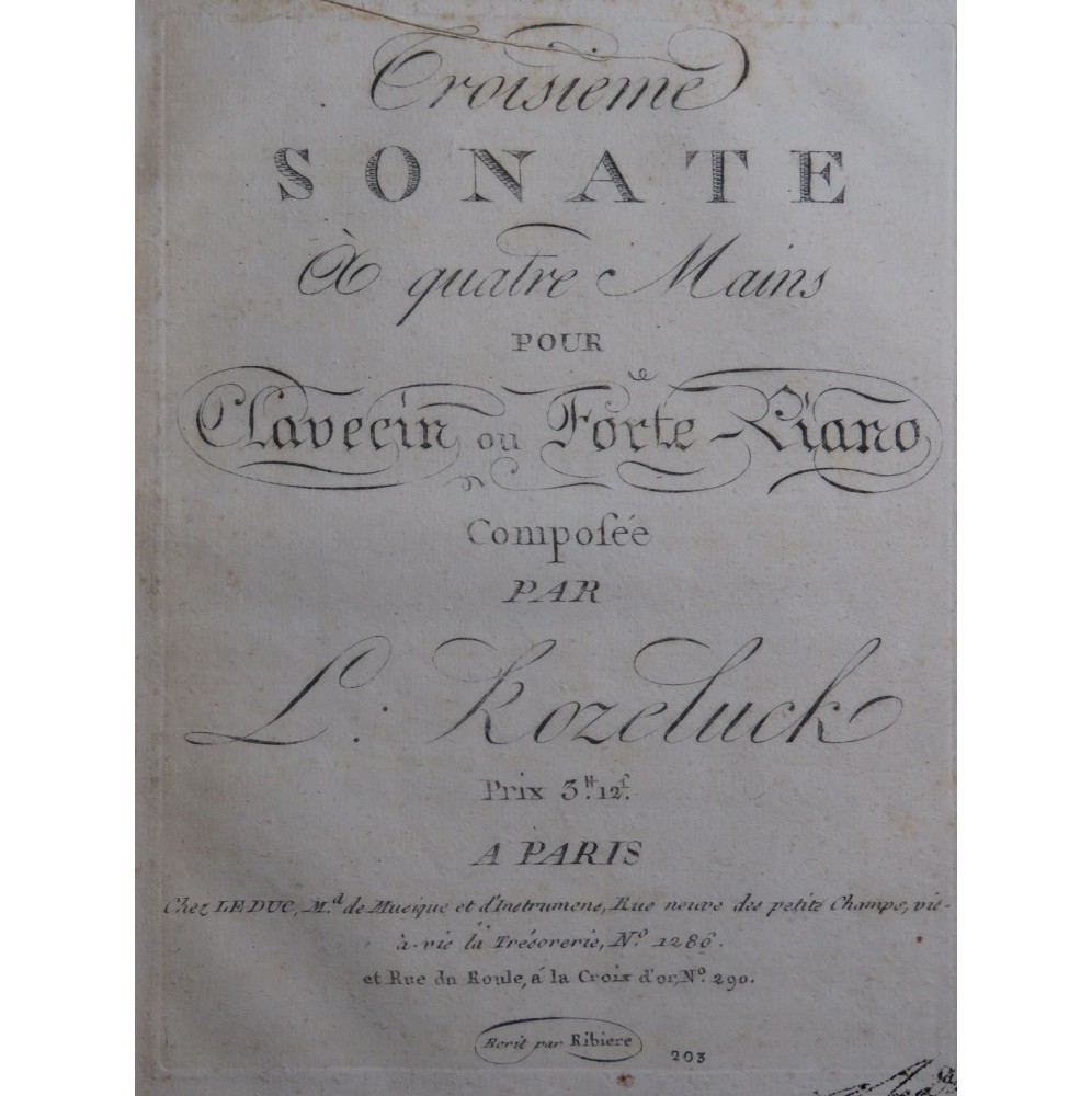 KOZELUCH Leopold Sonate P.XI:4 Clavecin ou Piano 4 mains ca1800