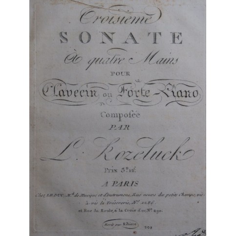 KOZELUCH Leopold Sonate P.XI:4 Clavecin ou Piano 4 mains ca1800