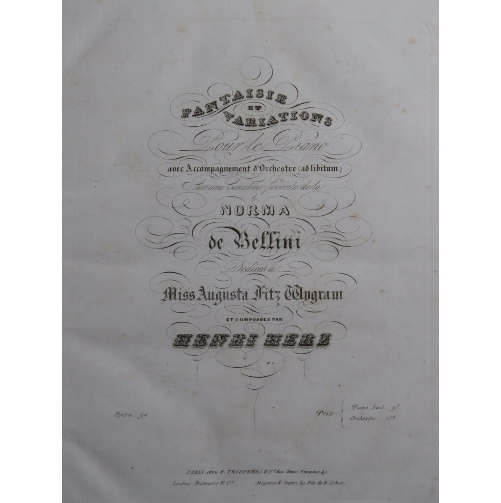 HERZ Henri Fantaisie et Variations sur la Norma op 90 Piano ca1837