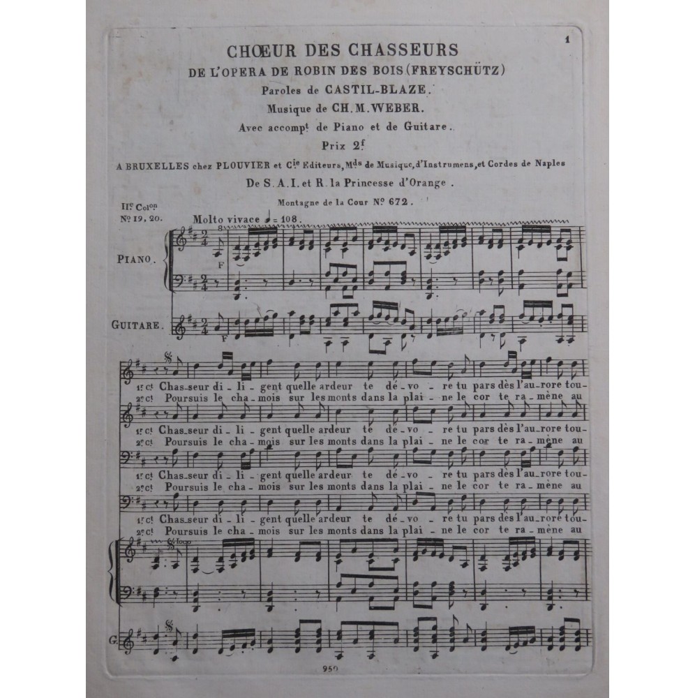 WEBER Der Freyschütz Choeur des Chasseurs Chant Piano ou Guitare ca1825