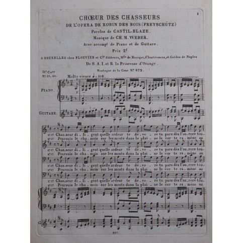 WEBER Der Freyschütz Choeur des Chasseurs Chant Piano ou Guitare ca1825