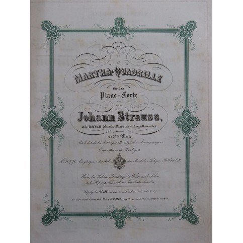 STRAUSS Johann Martha Quadrille op 215 Piano ca1850