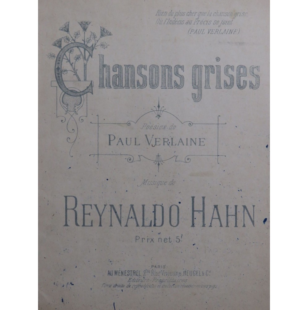 HAHN Reynaldo Chansons Grises Piano Chant