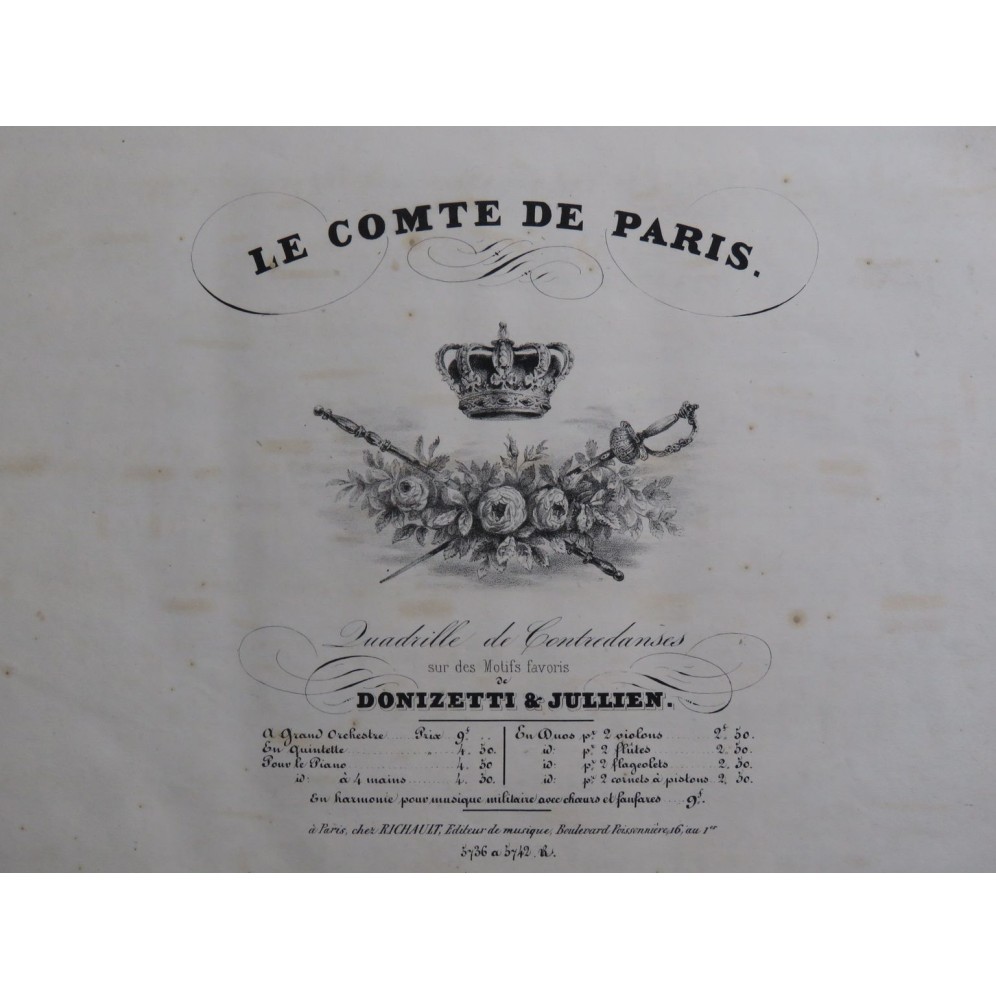 DONIZETTI JULLIEN Le Comte de Paris Quadrille Piano Cornet ca1840