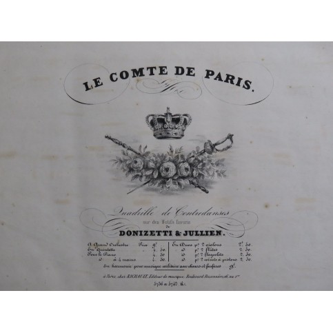 DONIZETTI JULLIEN Le Comte de Paris Quadrille Piano Cornet ca1840