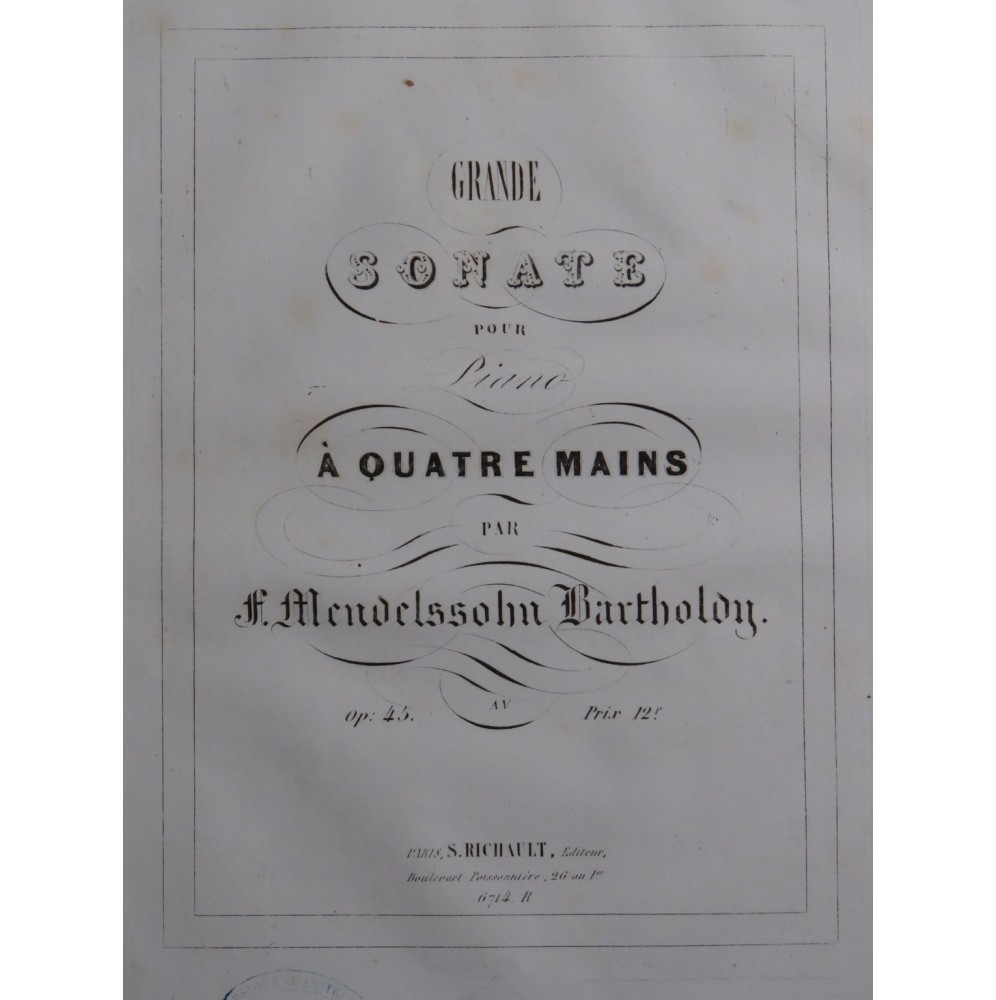 MENDELSSOHN Grande Sonate op 45 Piano 4 mains ca1842