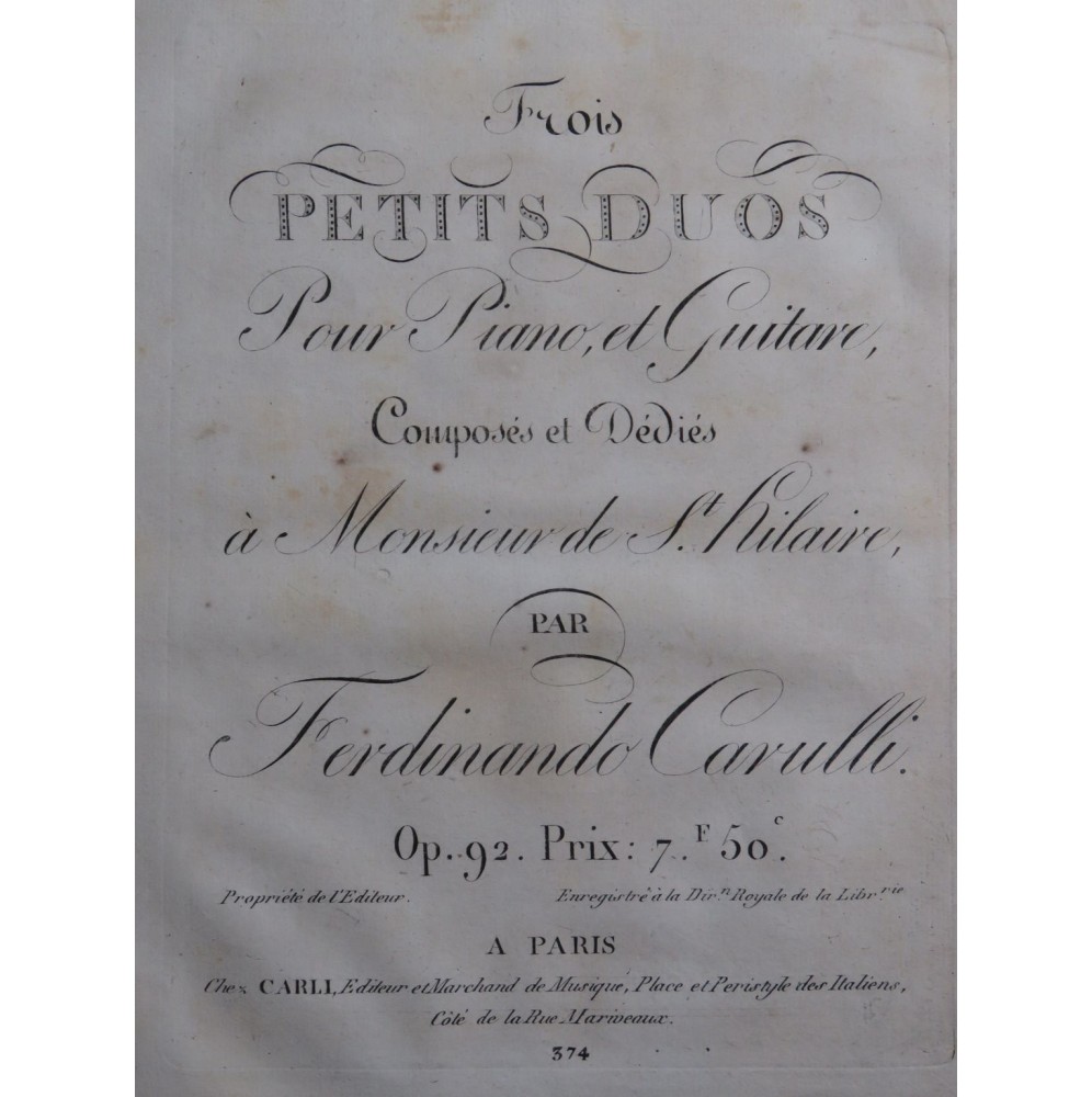 CARULLI Ferdinando Trois Petits Duos op 92 Piano Guitare ca1815