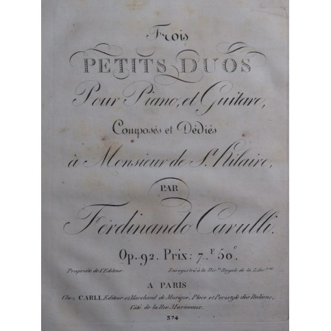 CARULLI Ferdinando Trois Petits Duos op 92 Piano Guitare ca1815