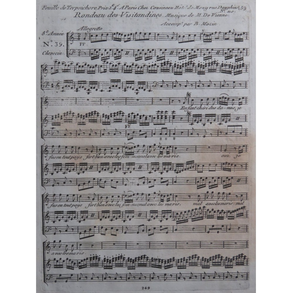DEVIENNE François Rondeau des Visitandines Chant Clavecin ca1790