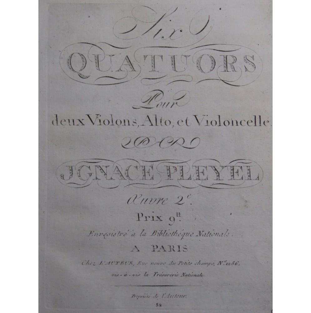 PLEYEL Ignace Six Quatuors op 2 Violons Alto Violoncelle ca1795