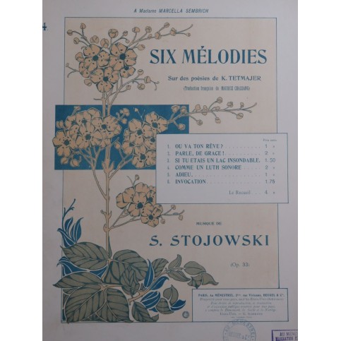 STOJOWSKI Sigismond Comme un Luth Sonore Chant Piano 1910