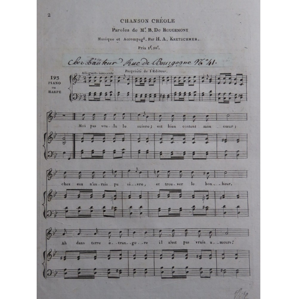 KRETSCHMER H. A. Chanson Créole Chant Piano ou Harpe ca1820