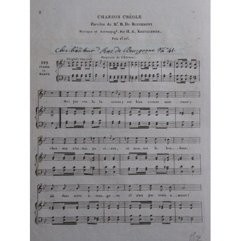 KRETSCHMER H. A. Chanson Créole Chant Piano ou Harpe ca1820