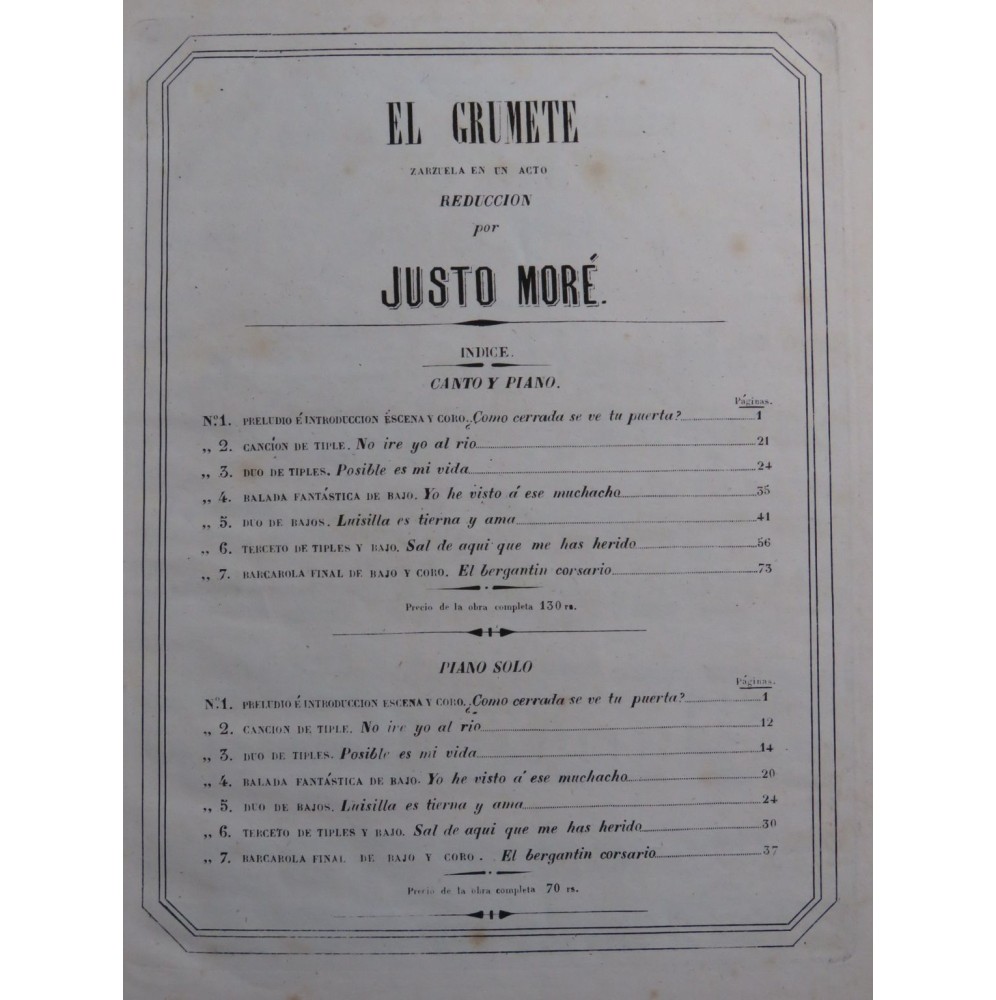 ARRIETA Emilio El Grumete Zarzuela Piano ca1855