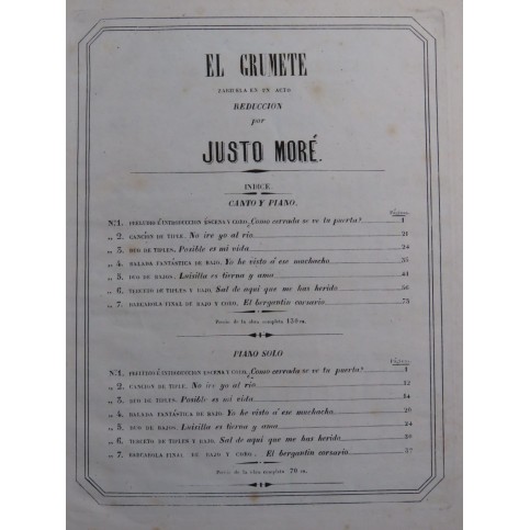 ARRIETA Emilio El Grumete Zarzuela Piano ca1855