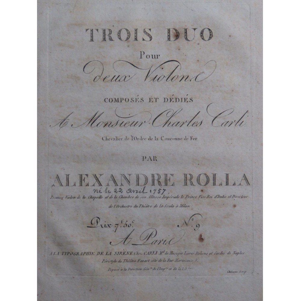 ROLLA Alessandro Trois Duos pour deux Violons ca1810