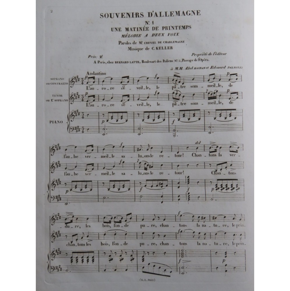 KELLER C. Souvenirs d'Allemagne No 1 Chant Piano ca1840