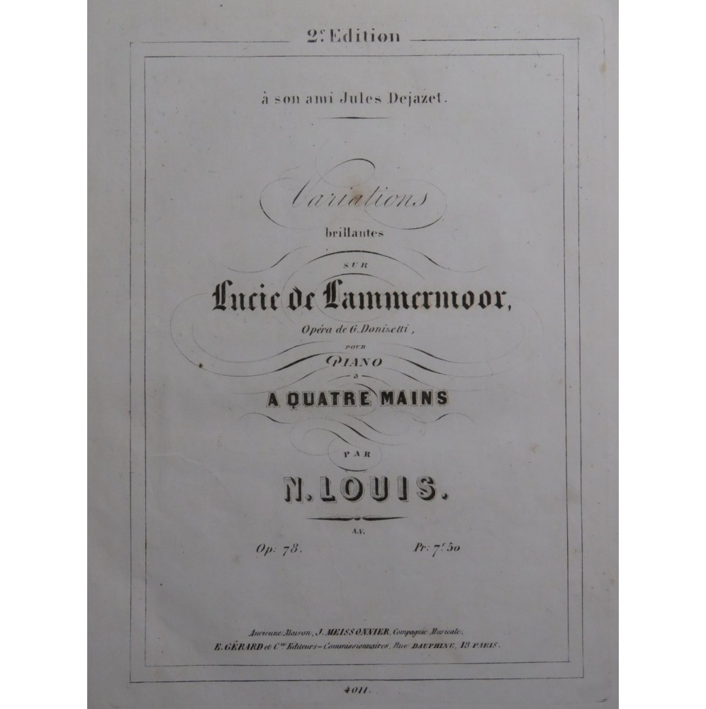 LOUIS N. Variations Lucie de Lammermoor op 78 Piano 4 mains ca1860